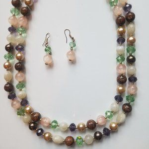 Rose Quartz Gold Tone Beaded Tiered Layered Necklace and Earring Set